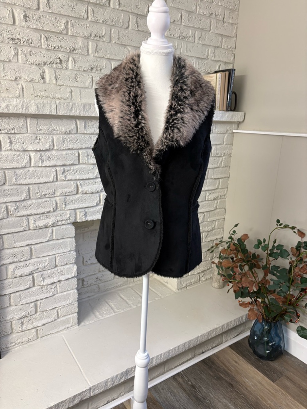 Flair FS Sport Faux Shearling Fur Collar Vest | Black Suede Jacket Coat S/P